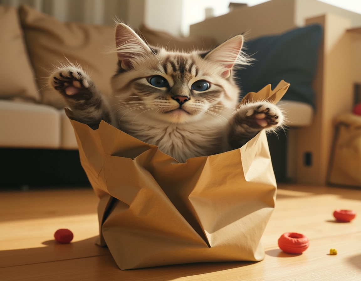 Cat hides partly inside a crumpled paper bag, with its paws playfully batting at the edges. The room features cozy decor with soft lighting and homey furniture.